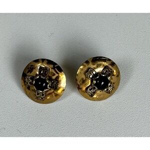 Vtg Holly Yashi Gold Filled Onyx Earrings Etched Pattern Black Round Stud BOHO